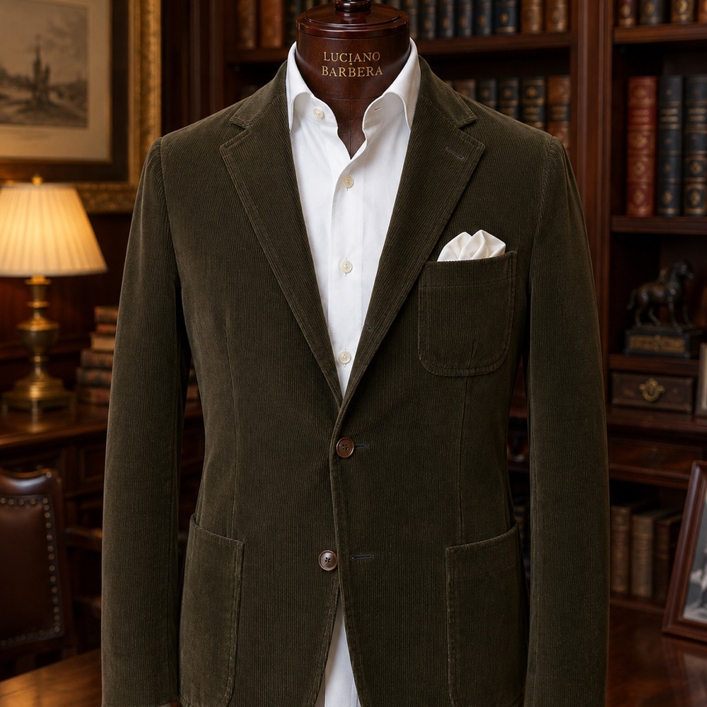 Luciano Barbera Dark Olive Fine-Wale Corduroy Italian Jacket